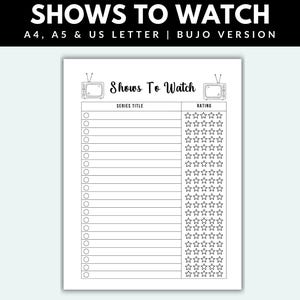 Shows To Watch Printable Bullet Journal Page pdf TV Show Tracker Bujo TV Tracker TV Series Tracker Television Tracker Watchlist Tracker