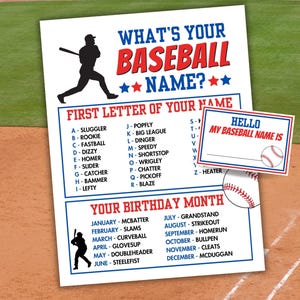 May include: A baseball-themed poster with the text "What's Your Baseball Name?" in red and blue. It includes a chart to determine a baseball name based on the first letter of your name and birth month. A small card says "Hello, My Baseball Name Is".