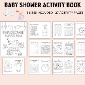 May include: A black and white printable baby shower activity book with 27 pages of games and activities. The cover features a stork carrying a baby in a bag, and the text "Baby Shower Activity Book".