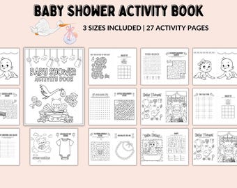 May include: A black and white printable baby shower activity book with 27 pages of games and activities. The cover features a stork carrying a baby in a bag, and the text "Baby Shower Activity Book".