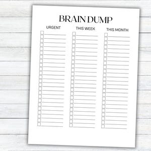Pu&ograve; includere: Un foglio di carta bianco con il titolo "BRAIN DUMP" e sezioni per "URGENT", "THIS WEEK" e "THIS MONTH". Ogni sezione ha linee e caselle per le note. La carta &egrave; su una superficie di legno bianco.
