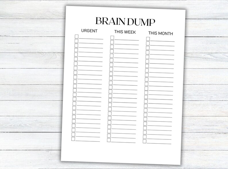 Pu&ograve; includere: Un foglio di carta bianco con il titolo "BRAIN DUMP" e sezioni per "URGENT", "THIS WEEK" e "THIS MONTH". Ogni sezione ha linee e caselle per le note. La carta &egrave; su una superficie di legno bianco.