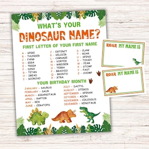 Qual é o seu nome de dinossauro Jogo de festa para impressão Jogo de festa de dinossauro Gerador de nomes de dinossauro Festa de aniversário de dinossauro Atividades de dinossauro