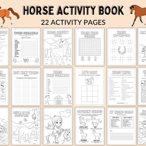 May include: A horse activity book with 22 activity pages. The cover features illustrations of two brown horses. Inside, there are various activities, including word scrambles, trivia, and coloring pages. The book is designed for horse enthusiasts.