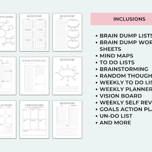 May include: A collection of black and white planner pages, including mind maps, to-do lists, and weekly planners. The image also includes a list of inclusions such as brain dump lists, vision boards, and goal action plans.
