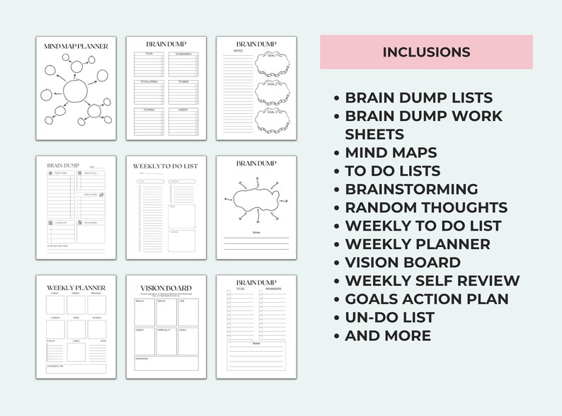 May include: A collection of black and white planner pages, including mind maps, to-do lists, and weekly planners. The image also includes a list of inclusions such as brain dump lists, vision boards, and goal action plans.