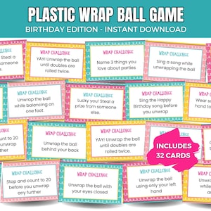 Saran Wrap Game Verjaardag Afdrukbare plastic wrap-balkaarten Saran Wrap Game-uitdagingskaarten Verjaardagsfeestje Saran Wrap Ball Game