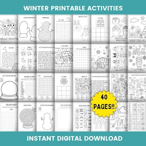 May include: A printable activity book with 40 pages of winter-themed activities for kids. The book includes mazes, word searches, coloring pages, and more. The cover features a snowman and the text "Winter Printable Activities".