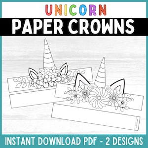 Puede incluir: Coronas de papel de unicornio imprimibles con diseños florales. Las coronas son en blanco y negro y están listas para colorear. El texto "UNICORN PAPER CROWNS" está en la parte superior de la imagen. El texto "INSTANT DOWNLOAD PDF - 2 DESIGNS" está en la parte inferior de la imagen.