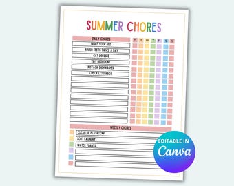 Summer Chore Chart For Kids Daily Summer Schedule Summer Routine Summer Rules Printable Editable Chore Chart Summer Reward Chart