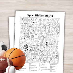 May include: A black and white "Sport Hidden Object" puzzle with various sports-related illustrations. A soccer ball, basketball, football, and baseball are in the foreground. The puzzle includes a checklist of items to find.