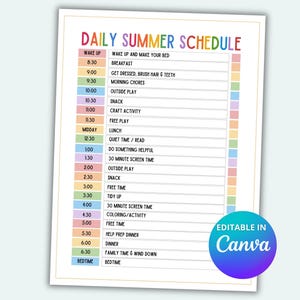 Täglicher Sommerzeitplan für Kinder Sommerzeitplan Druckbare tägliche Checkliste Bearbeitbare Canva-Vorlage Sommeraktivitätszeitplan