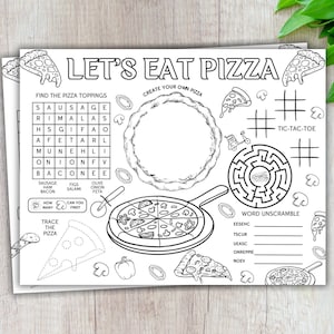 Mantel individual imprimible con actividades para fiestas de pizza, mantel individual para colorear, actividades para fiestas italianas, recuerdo de fiesta de cumpleaños con pizza, manteles individuales de pizzería
