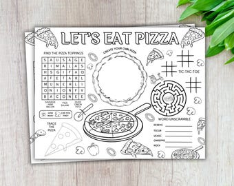 May include: Black and white pizza-themed placemats with the text "LET'S EAT PIZZA". Includes a pizza slice maze, tic-tac-toe, word unscramble, and a pizza topping word search. Great for kids.