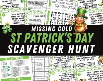 St Patrick's Day Scavenger Hunt Printable St Patricks Scavenger Hunt For Kids St Patricks Day Games Indoor Scavenger Hunt Clues Party Game