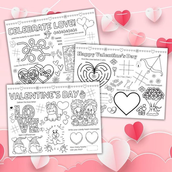 Valentine Activity Placemat Printable Valentine's Day Coloring Placemat Valentine Classroom Activity Mat Valentine Placemat for Kids