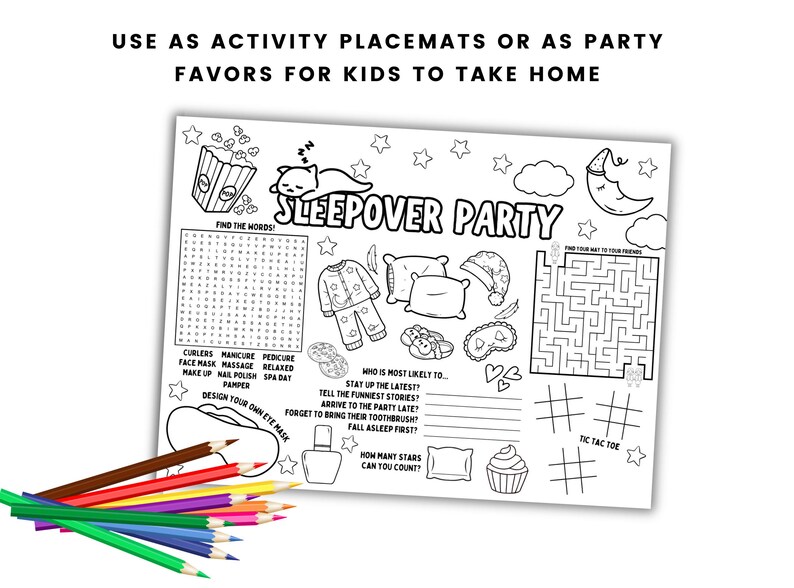 Sleepover Party Activity Placemat Printable Slumber Party Coloring ...