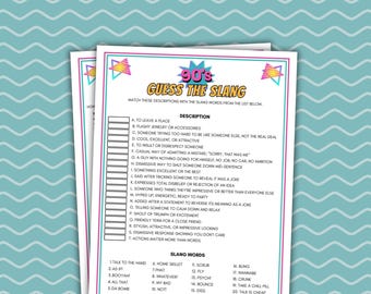 Juego de jerga de los 90 Juegos para fiestas de los 90 Juegos para fiestas de cumpleaños de los 90 imprimibles Juego para fiestas de los 90 Juegos para cumpleaños de los 90 Juego de preguntas y respuestas de los 90 Cuestionario de los 90