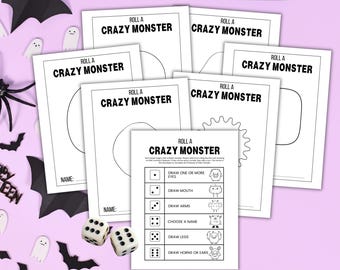 Pode incluir: Um conjunto de folhas de atividades em papel branco intituladas Roll A Crazy Monster com texto preto e gráficos de linhas. As folhas incluem uma tabela de jogo com ícones de dados e instruções de desenho para olhos, bocas, braços, nomes, pernas e chifres ou orelhas.