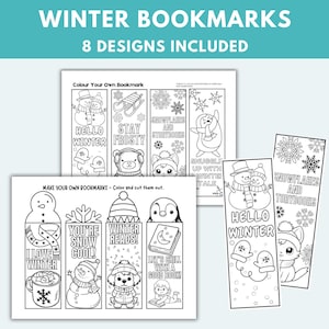 Könnte beinhalten: Schwarz-weiße druckbare Lesezeichen mit Wintermotiven. Die Lesezeichen enthalten Bilder von Schneemännern, Pinguinen und Wintertieren. Der Text auf den Lesezeichen enthält Sätze wie "Hello Winter", "Stay Frosty" und "You're Snow Cool!"