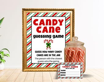 Suikerriet raadspel Afdrukbaar kerstspel Kerstfeestspel Hoeveel snoepstokken in de pot Christmas Office Party Game