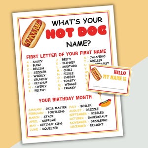 What&#39;s Your Hot Dog Name Party Game Printable Hot Dog Party Game Hot Dog Name Generator Hot Dog Bar Barbecue Party Hot Dog Theme Party