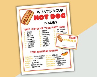 What's Your Hot Dog Name Party Game Printable Hot Dog Party Game Hot Dog Name Generator Hot Dog Bar Barbecue Party Hot Dog Theme Party
