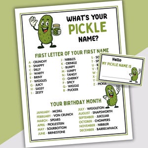 May include: A fun, illustrated print titled "What's Your Pickle Name?" features a cartoon pickle character. The print includes a chart to determine a "pickle name" based on the first letter of your name and birth month. A small card is also included.