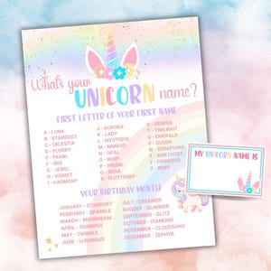 May include: A printable unicorn name generator game with a rainbow background. The game asks "What's your unicorn name?" and provides a list of names based on the first letter of your first name and your birth month. There is a blank space for you to write your unicorn name.