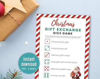 May include: A printable Christmas gift exchange dice game with instructions. The game includes a red and green dice with different numbers of dots. The instructions include: Everyone pass right, Everyone pass left, Steal any gift to keep, Swap gifts with another player, Make two people swap, and Unwrap your gift.
