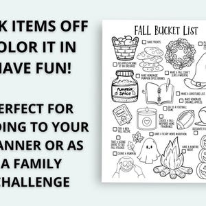 May include: Black and white Fall Bucket List printable with illustrations of pumpkins, a witch hat, and a bonfire. Text includes "Tick Items Off, Color It In, Have Fun!" and "Perfect for Adding to Your Planner or as a Family Challenge."