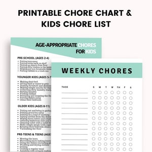 Age Appropriate Chore List & Printable Chore Chart For Kids Printable Reward Chart Kids Chore Chart Weekly Chore Chart