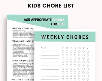 May include: A printable chore chart and kids chore list featuring two documents. One page lists age-appropriate chores for kids from pre-school to teens. The second page is a weekly chore tracker with a task column and seven circular checkboxes.
