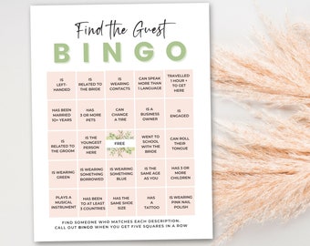 Plantilla editable para encontrar al invitado en el juego de bingo para bodas, bingo para despedidas de soltera, juegos para bodas, PDF imprimible, juegos para despedidas de soltera
