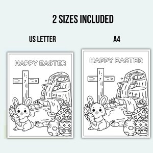 K&ouml;nnte beinhalten: Schwarz-Wei&szlig;-Oster-Malvorlagen mit dem Text "HAPPY EASTER". Die Bilder zeigen ein Kaninchen, Ostereier, einen Wasserfall und ein Kreuz. Zwei Gr&ouml;&szlig;en sind enthalten: US Letter und A4.