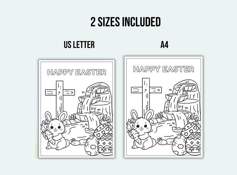K&ouml;nnte beinhalten: Schwarz-Wei&szlig;-Oster-Malvorlagen mit dem Text "HAPPY EASTER". Die Bilder zeigen ein Kaninchen, Ostereier, einen Wasserfall und ein Kreuz. Zwei Gr&ouml;&szlig;en sind enthalten: US Letter und A4.