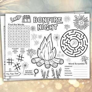 May include: Black and white activity sheets with a bonfire night theme. Includes a word search, maze, tic-tac-toe, and word scramble. Features fireworks and a bonfire illustration. The text reads "Bonfire Night".