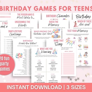 May include: A collection of printable birthday party games for teens. The games include charades, memory tests, and trivia. The text on the image reads "Birthday Games for Teens", "Instant Download | 3 Sizes", and "20 fun party games".