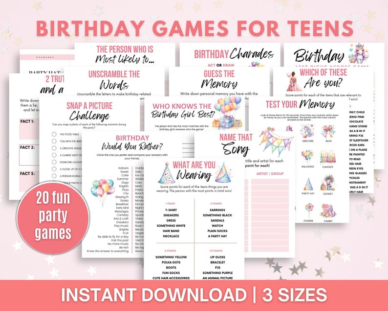 May include: A collection of printable birthday party games for teens. The games include charades, memory tests, and trivia. The text on the image reads "Birthday Games for Teens", "Instant Download | 3 Sizes", and "20 fun party games".