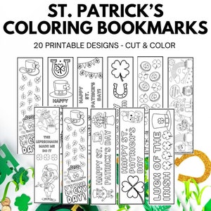 Pode incluir: Um conjunto de marcadores para colorir do Dia de São Patrício. Os desenhos em preto e branco incluem trevos, duendes, potes de ouro e chapéus. O texto inclui "Happy St. Patrick's Day" e "Luck of the Irish".