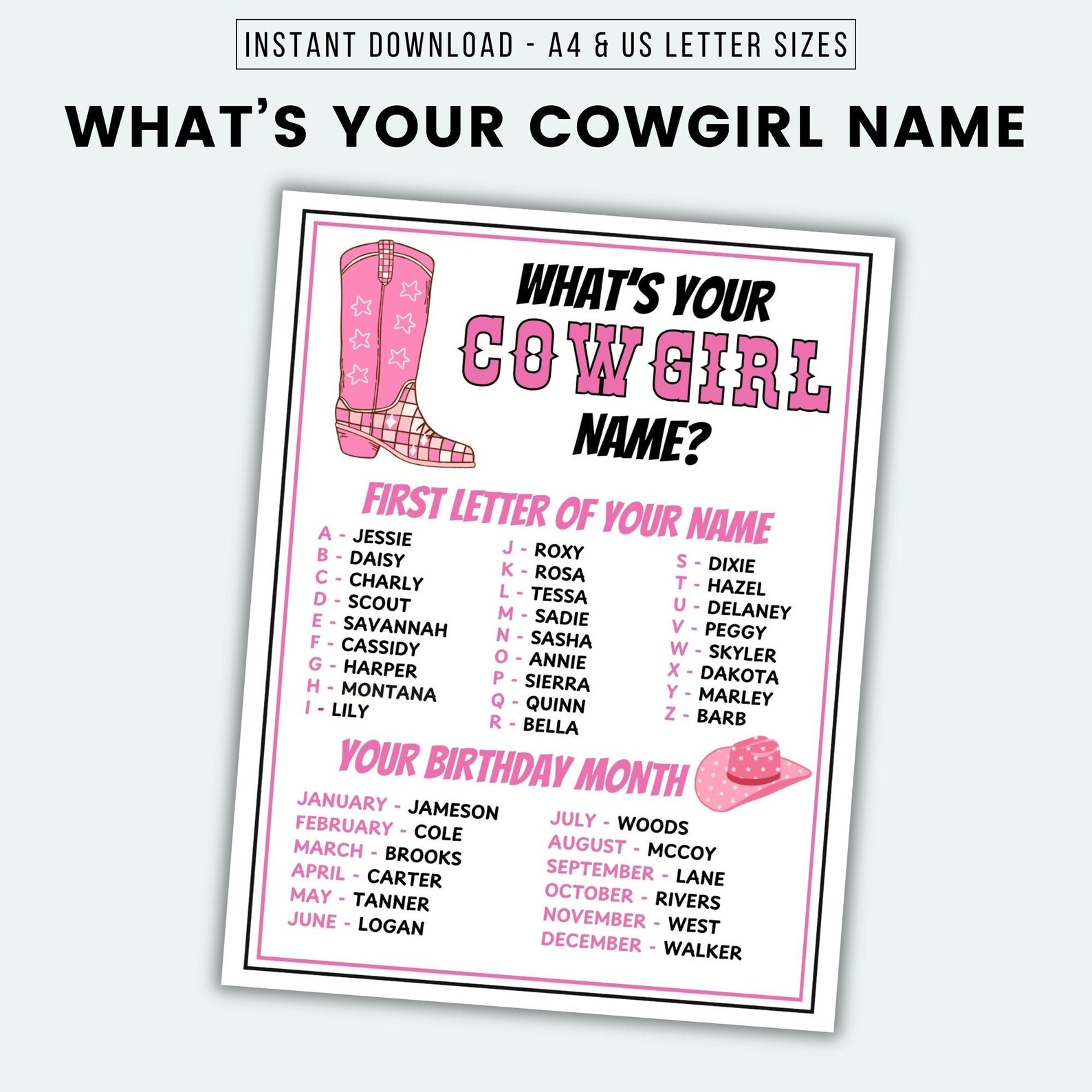 What's Your Cowgirl Name Party Game Printable Cowgirl Game Cowgirl Name ...