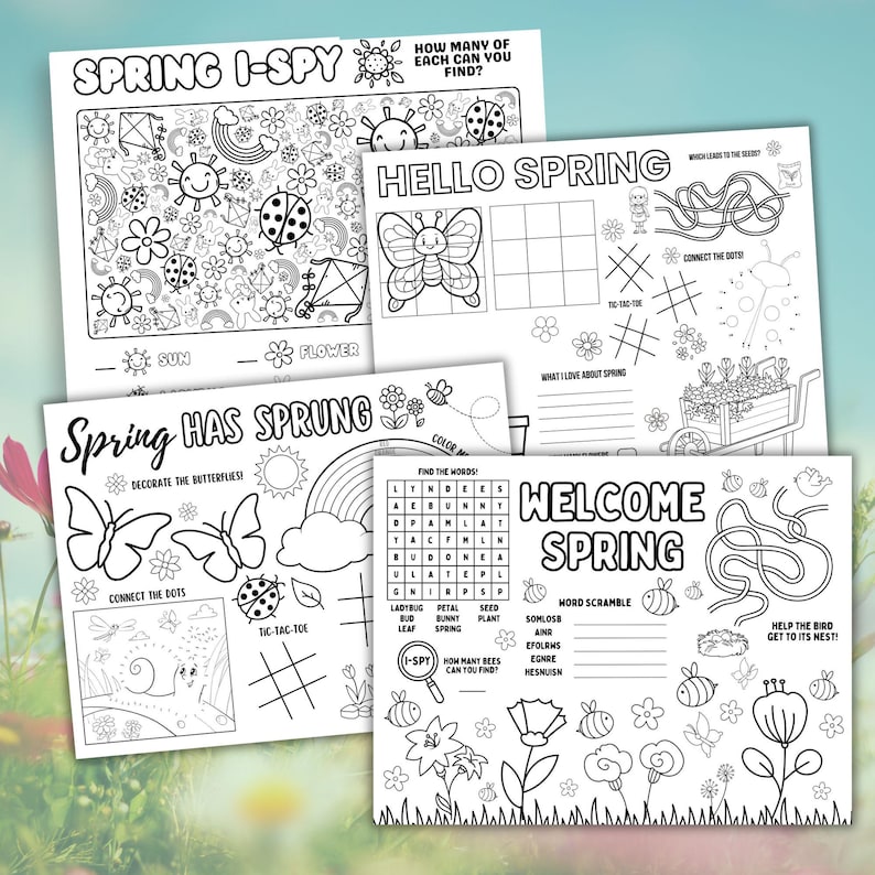 Puede incluir: Un conjunto de cuatro hojas de actividades imprimibles con tem&aacute;tica primaveral para ni&ntilde;os. Las hojas presentan una variedad de actividades, que incluyen I-Spy, conectar los puntos, b&uacute;squedas de palabras y tres en raya. Las hojas son en blanco y negro y se pueden colorear.
