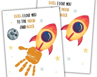 Father's Day Handprint Art Printable Love You To The Moon Rocket Handprint Craft Template Father's Day Gift DIY Handprint Activity For Kids