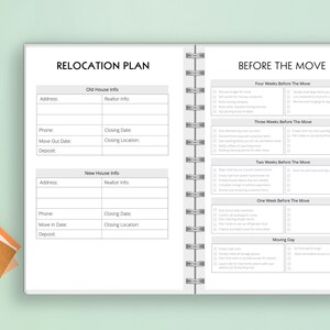 May include: A relocation plan checklist with sections for old and new house information, realtor details, closing dates, and a detailed timeline of tasks to complete before moving day.