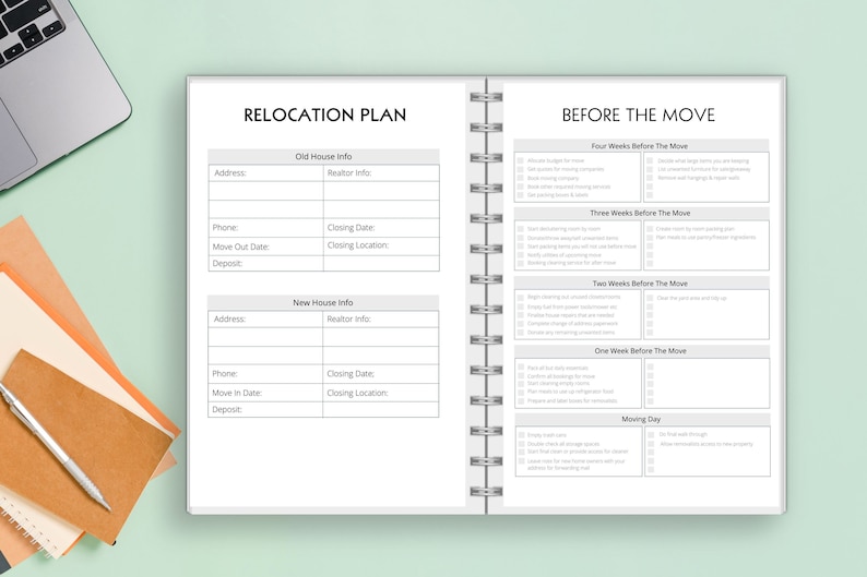 May include: A relocation plan checklist with sections for old and new house information, realtor details, closing dates, and a detailed timeline of tasks to complete before moving day.