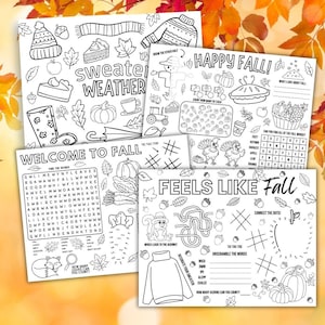 May include: A set of five black and white printable coloring pages with fall themes. The pages include a word search, a tic-tac-toe game, a connect-the-dots activity, a count-the-items activity, and a word scramble. The pages feature images of pumpkins, leaves, acorns, sweaters, and other fall-themed items.