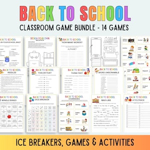 Puede incluir: Un paquete de juegos de clase imprimibles y coloridos para la vuelta al cole. El paquete incluye 14 juegos como "Adivinanzas de vuelta al cole", "Bingo de la vuelta al cole", "Rompehielos de dados de la vuelta al cole", "Charadas de la vuelta al cole", "Mad Libs de la vuelta al cole" y "Carrera de la vuelta al cole de la A a la Z".