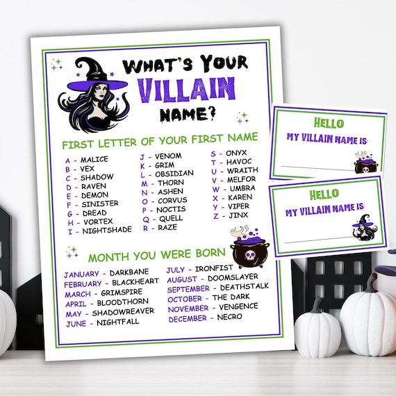 What's Your Villain Name Party Game Printable Halloween Game Villain Name Generator Halloween Party Game Halloween Activity Villain Party