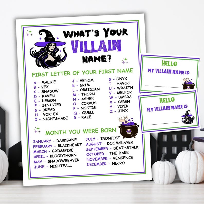 What's Your Villain Name Party Game Printable Halloween Game Villain Name Generator Halloween Party Game Halloween Activity Villain Party image 1