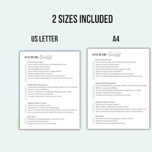 May include: A checklist titled "After I'm Gone" is displayed, offering two sizes: US Letter and A4. The checklist includes sections for financial accounts, household subscriptions, digital accounts, and final steps. The text is in black font on a white background.